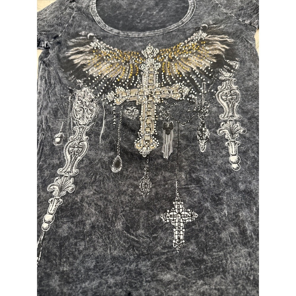 Vintage Y2K Top Acid Wash Tee T-Shirt Large Grunge Rhinestone Cross Wings Gothic - Picture 7 of 9